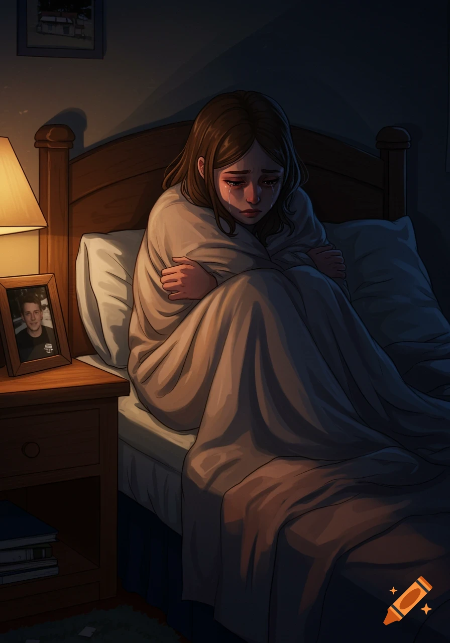 A young girl wrapped in a blanket is crying on a bed next to a framed photo.