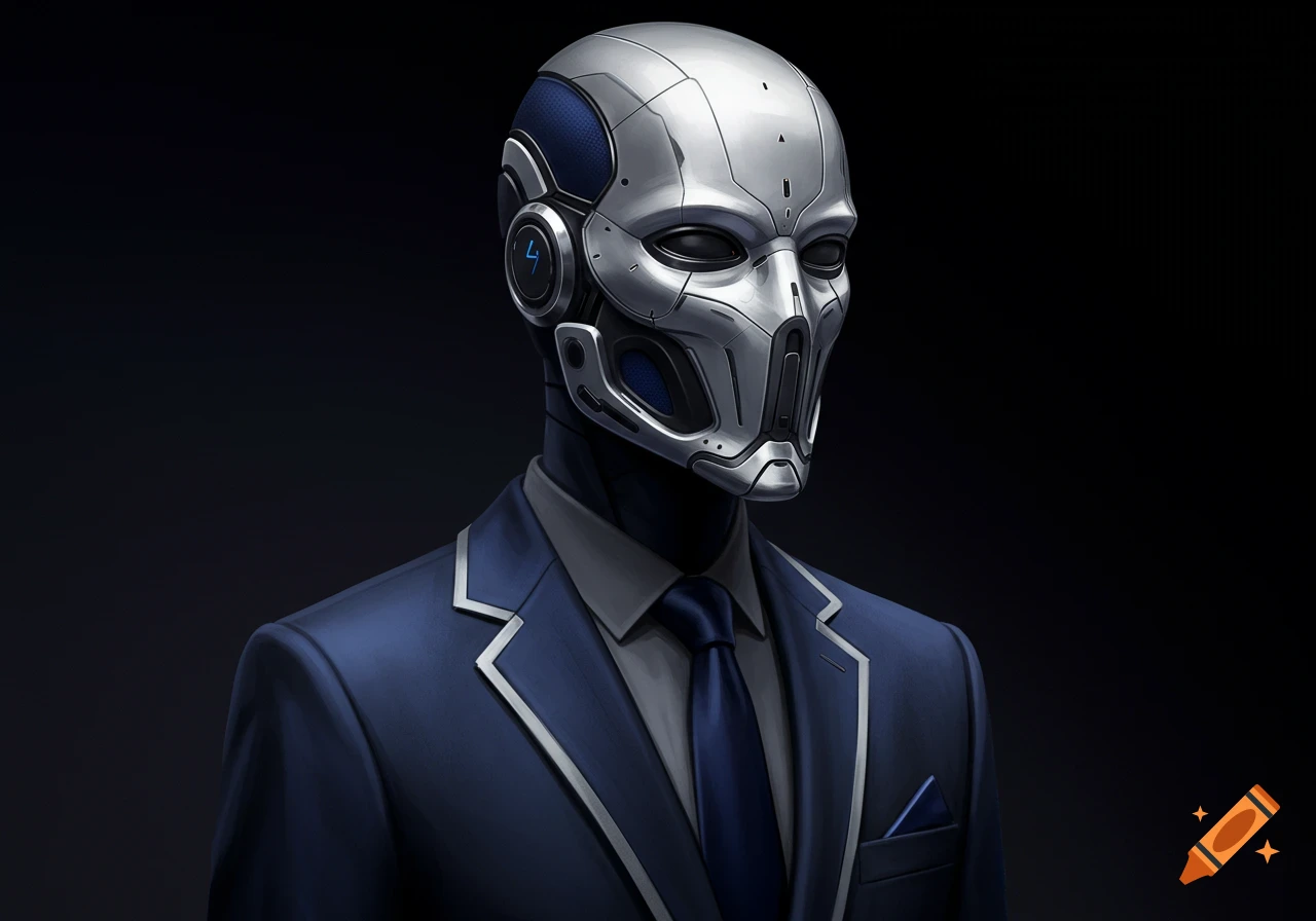 Detailed portrait of a futuristic robot in a blue suit and metallic mask.