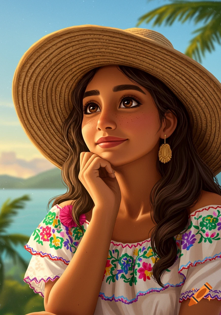A young woman in a straw hat and embroidered top looks up against a tropical background.