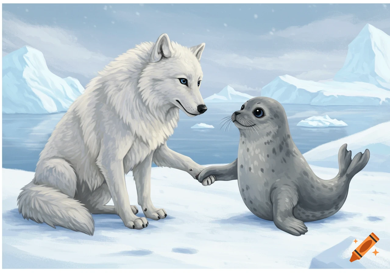 An arctic wolf and a seal hold hands in a snowy landscape with icebergs in the background.