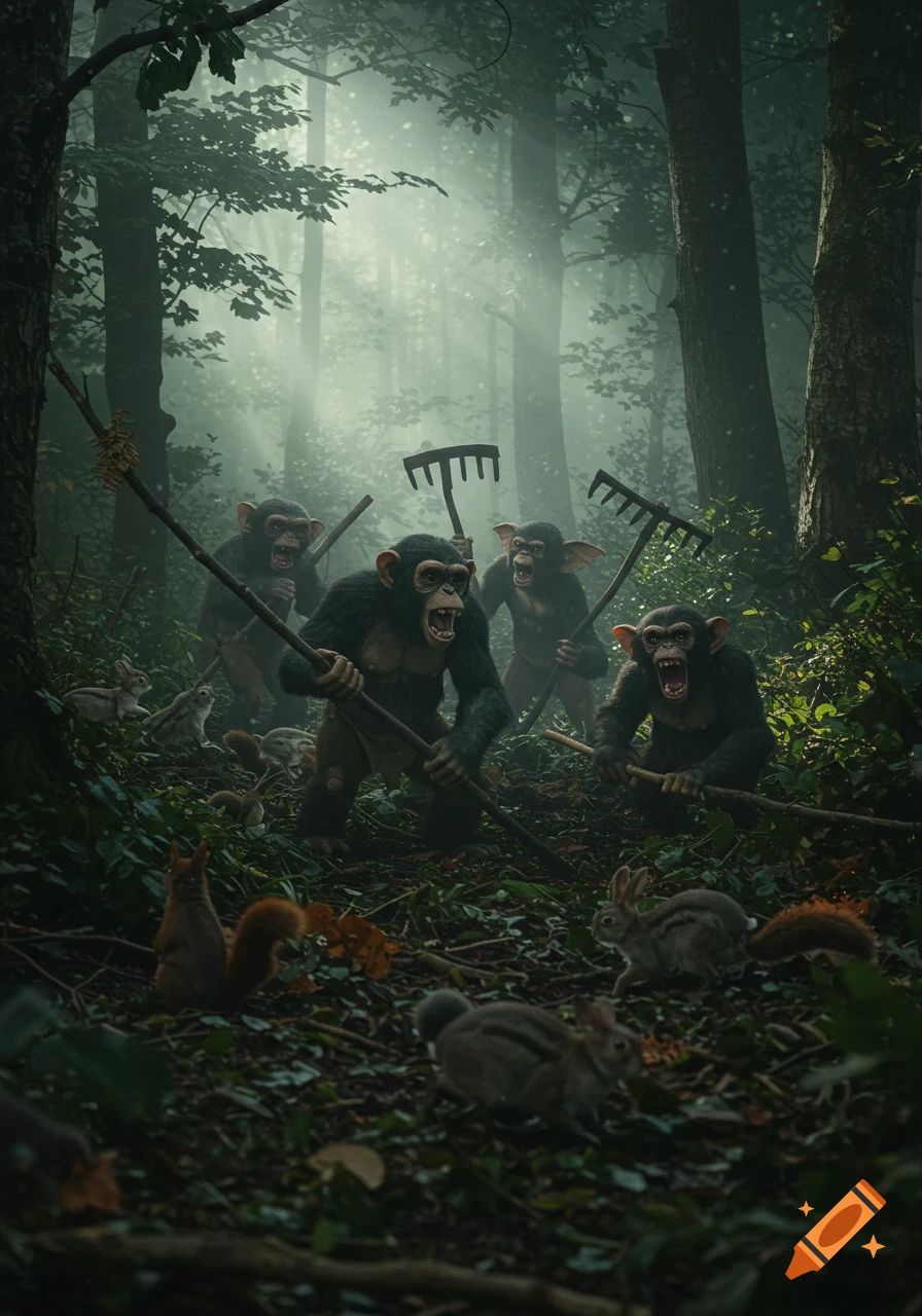 Chimpanzee-like creatures with rakes menace small woodland animals in a misty forest