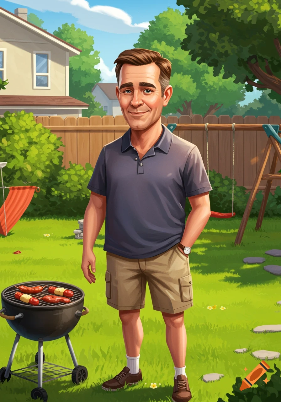 A man grills in a suburban backyard.