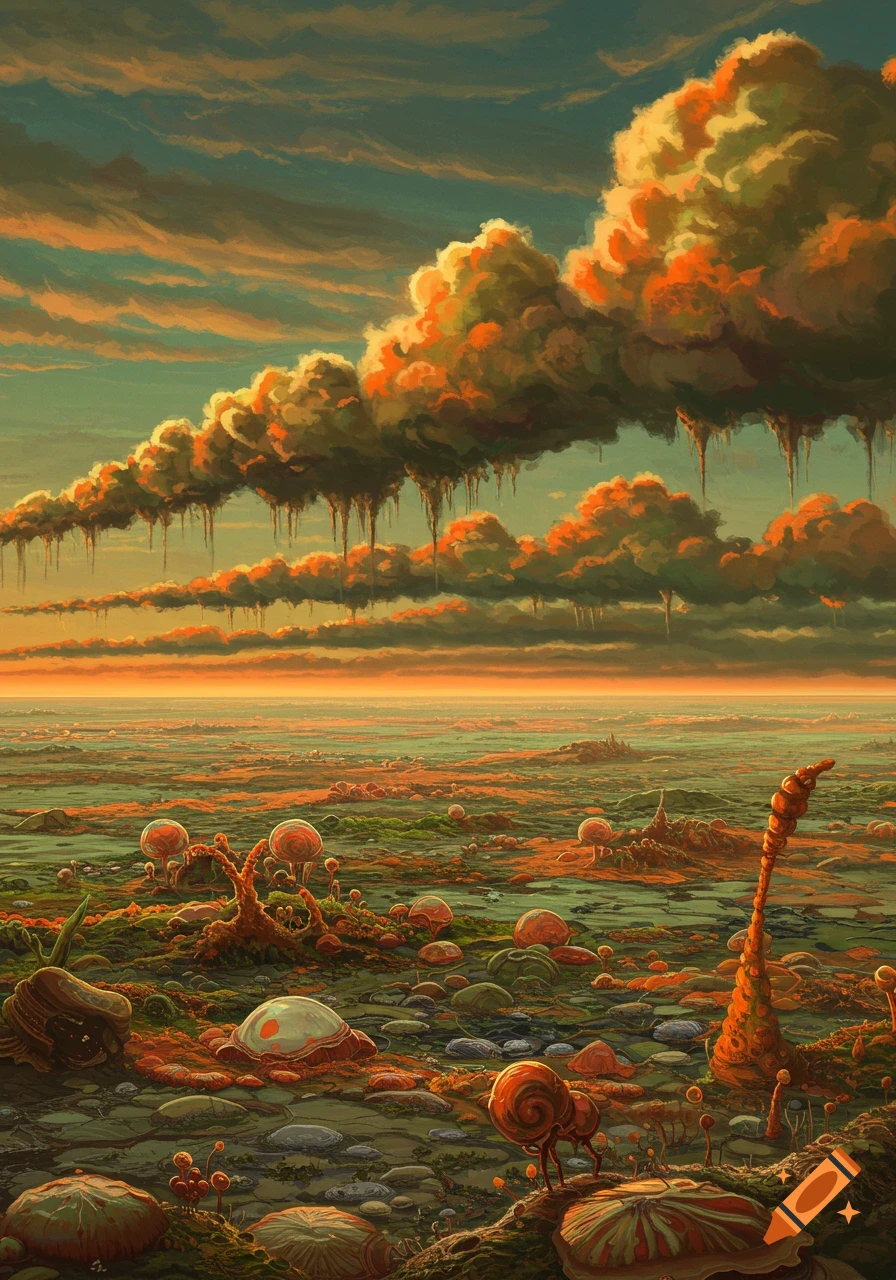 A vivid image of an alien landscape with dramatic, dripping orange clouds over a swampy ground filled with strange organic forms.