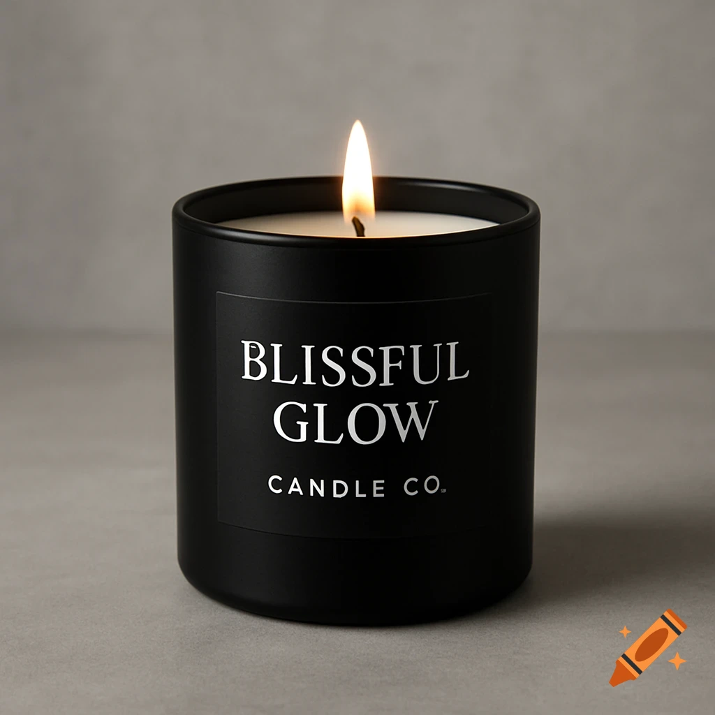 A black candle jar labeled "Blissful Glow Candle Co" with a lit flame on a grey background.