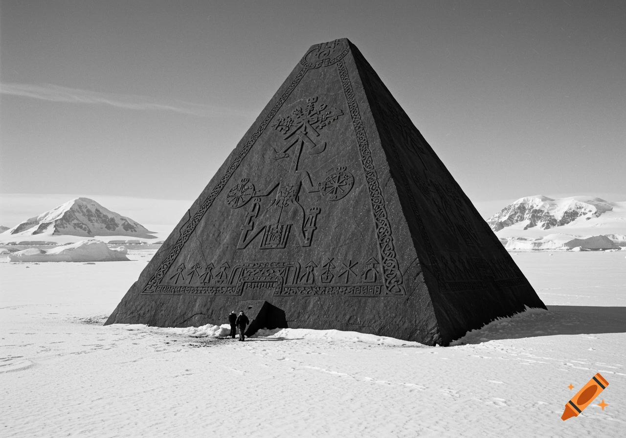Black and white photo of a large carved pyramid in a snowy Antarctic landscape.