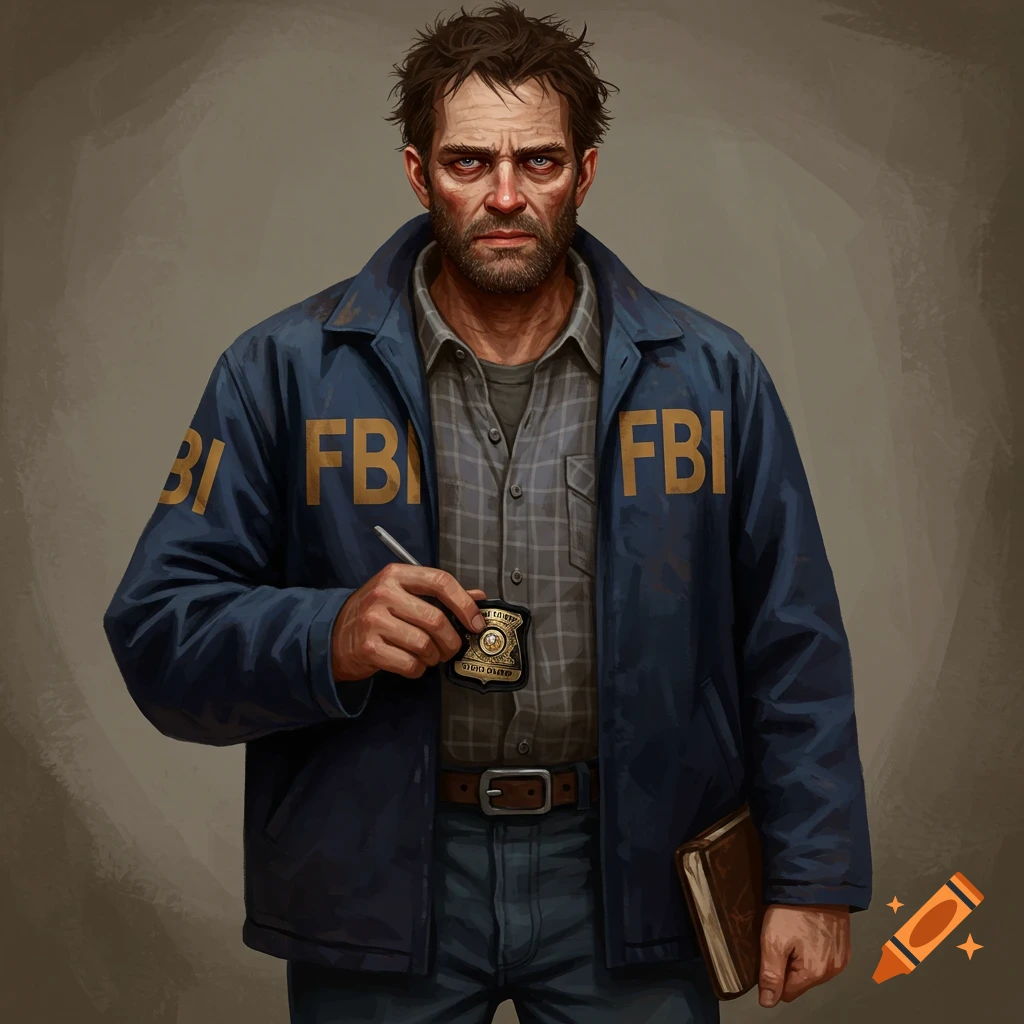 An FBI agent holding a badge and a book.