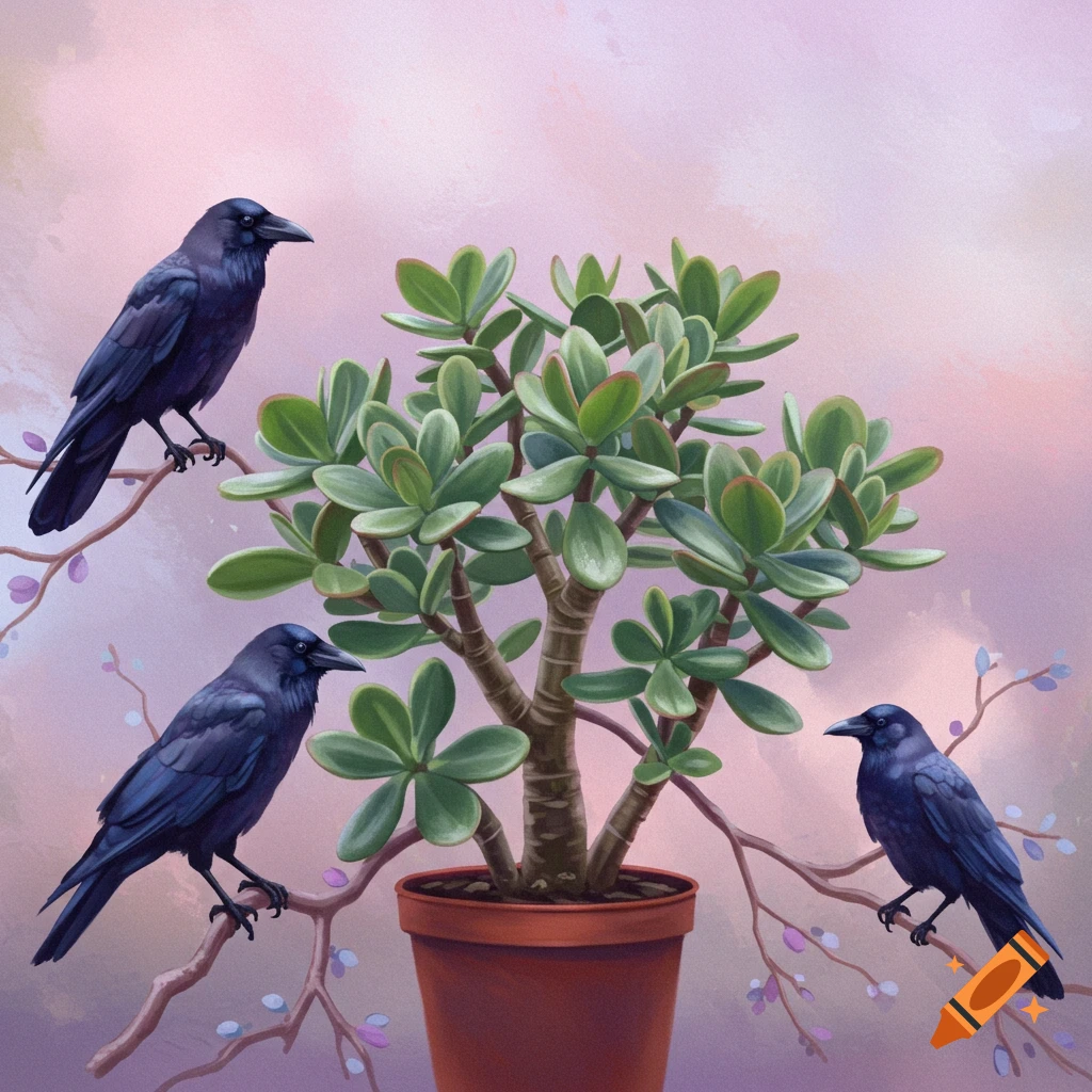 A jade plant in a pot with three crows perched on branches.