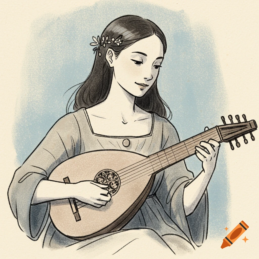 A drawing of a woman in historical clothing playing a lute.