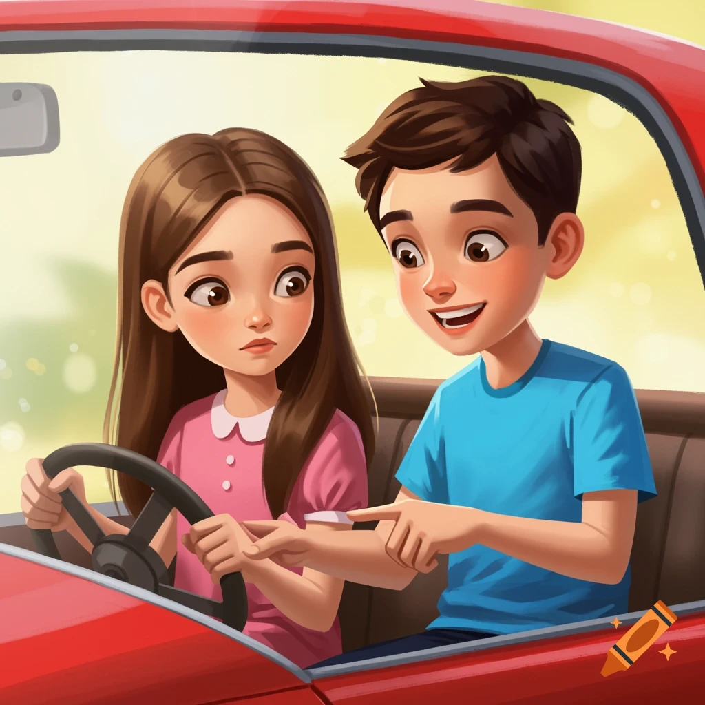 Cartoon of a boy teaching a girl to drive a red car.