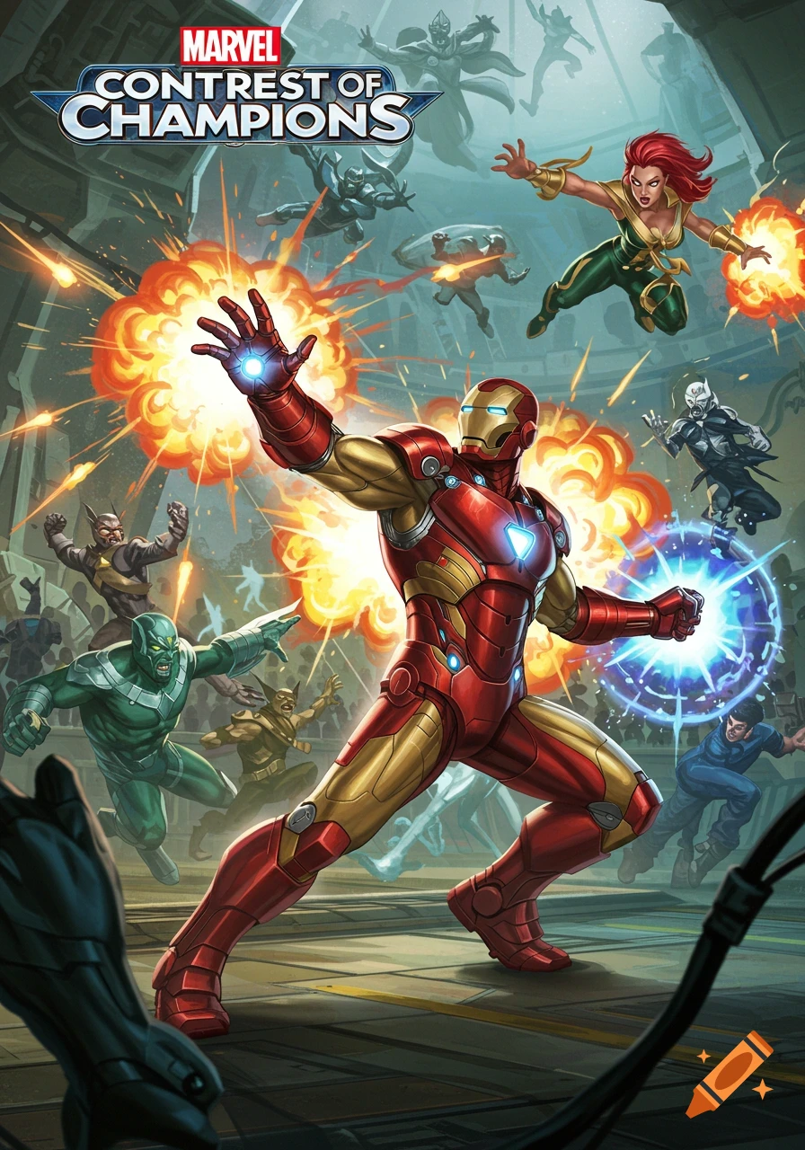 A scene depicting Iron Man, Phoenix, and other Marvel superheroes engaged in a battle.