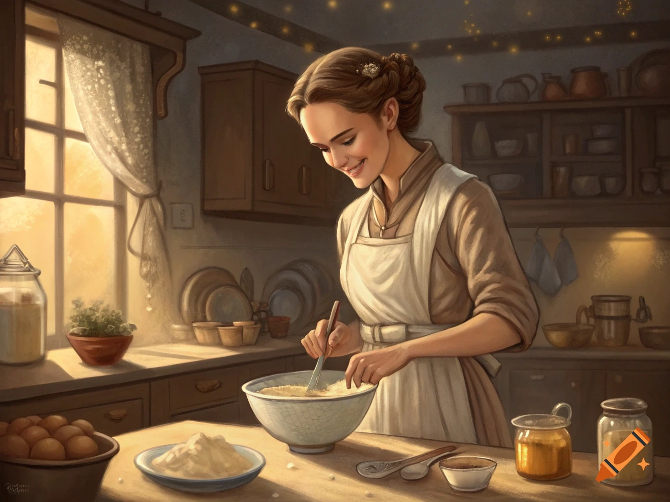A smiling woman bakes in a warm, sunlit kitchen.