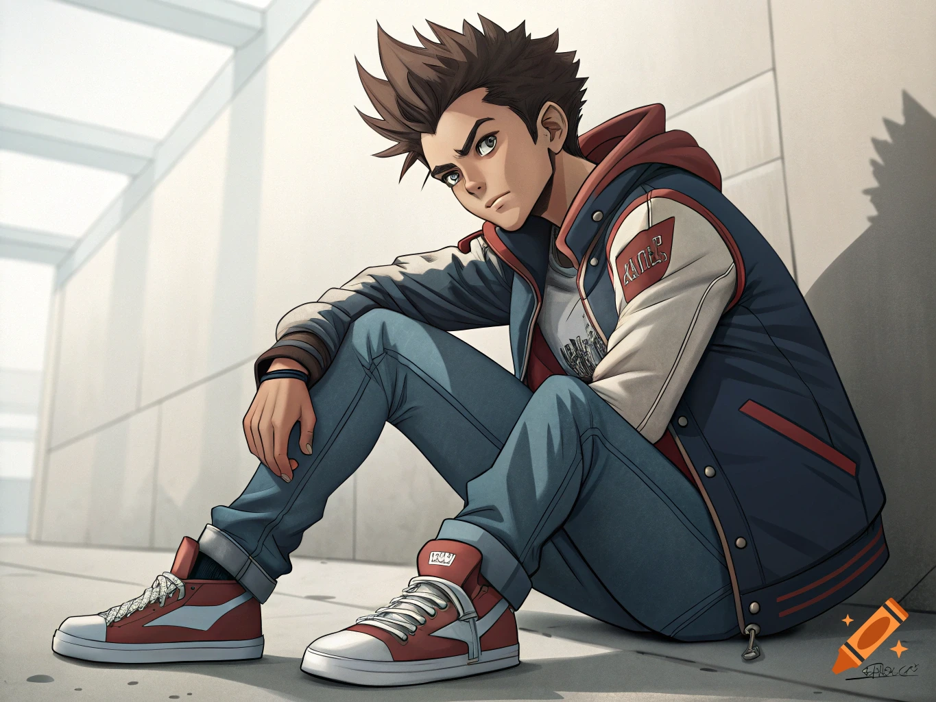 Anime style young man sits in urban setting wearing jacket and jeans