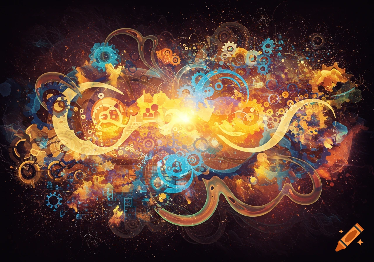 Abstract digital art with gears, swirling lines, and bright energy burst.
