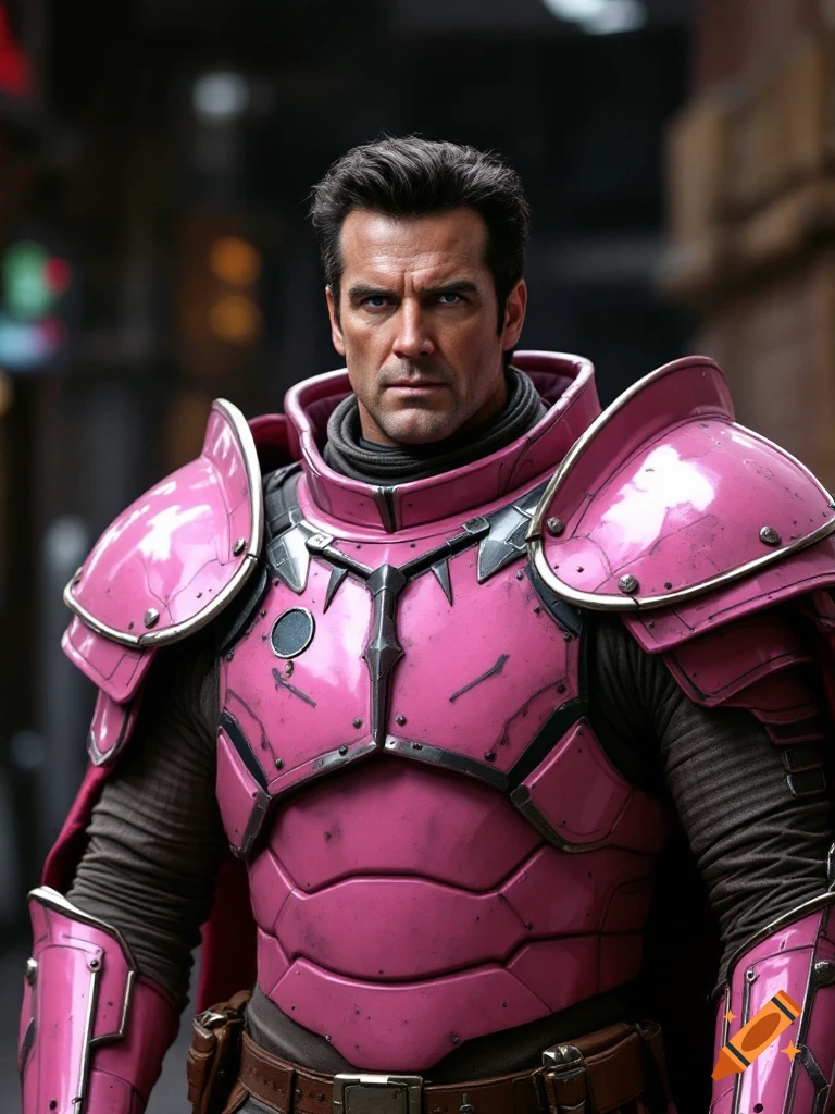 Portrait of a man in shiny pink futuristic armor