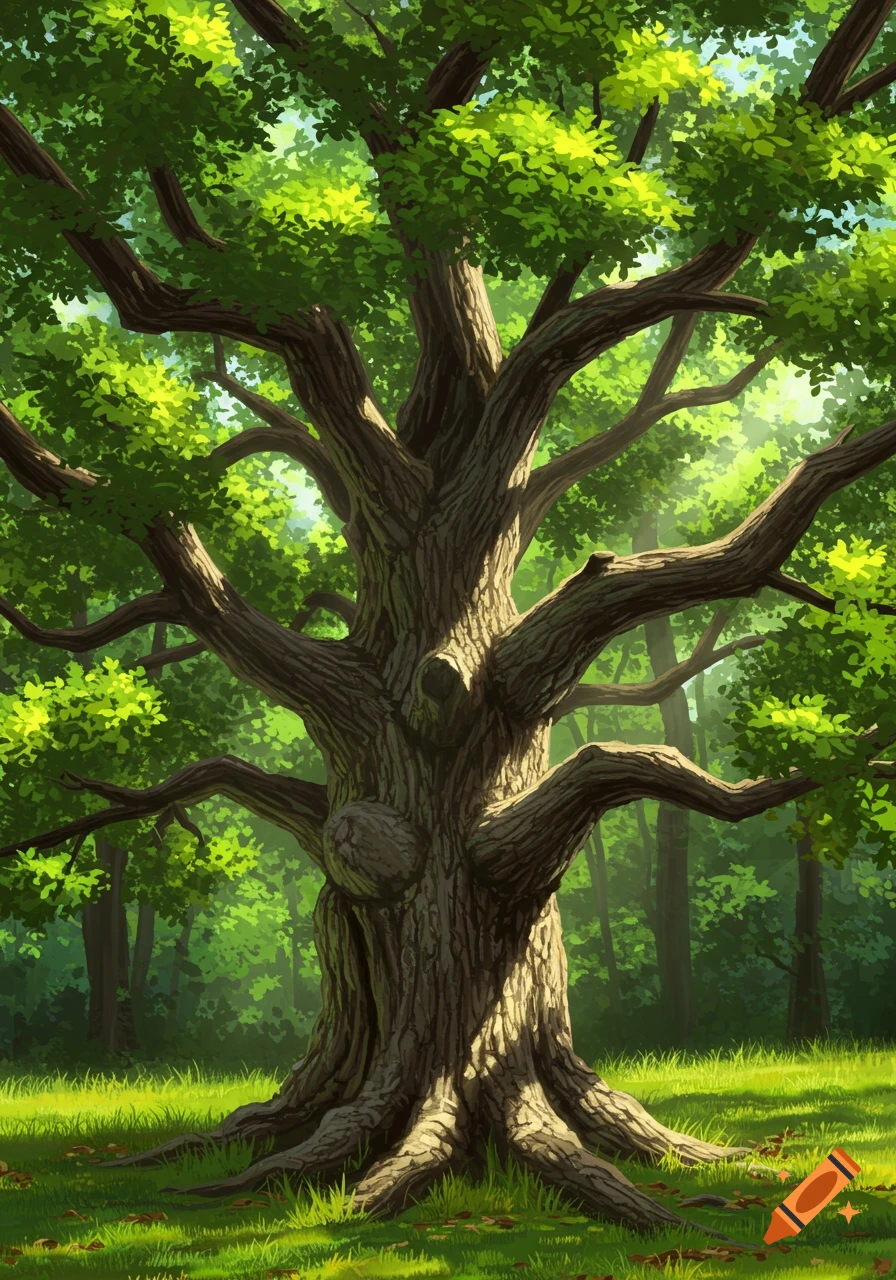 Large tree in a forest clearing.