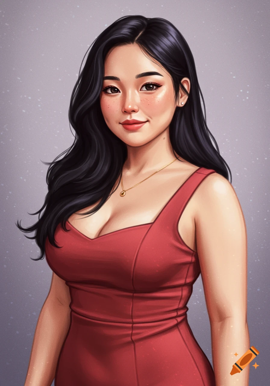 A woman with long black hair wearing a red dress.