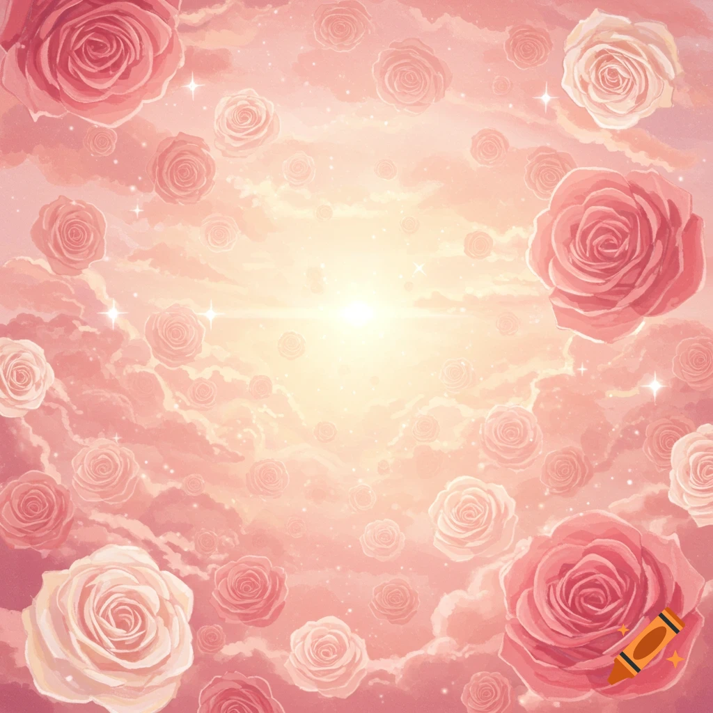 A dreamy pink sky filled with swirling clouds and floating pink and white roses.