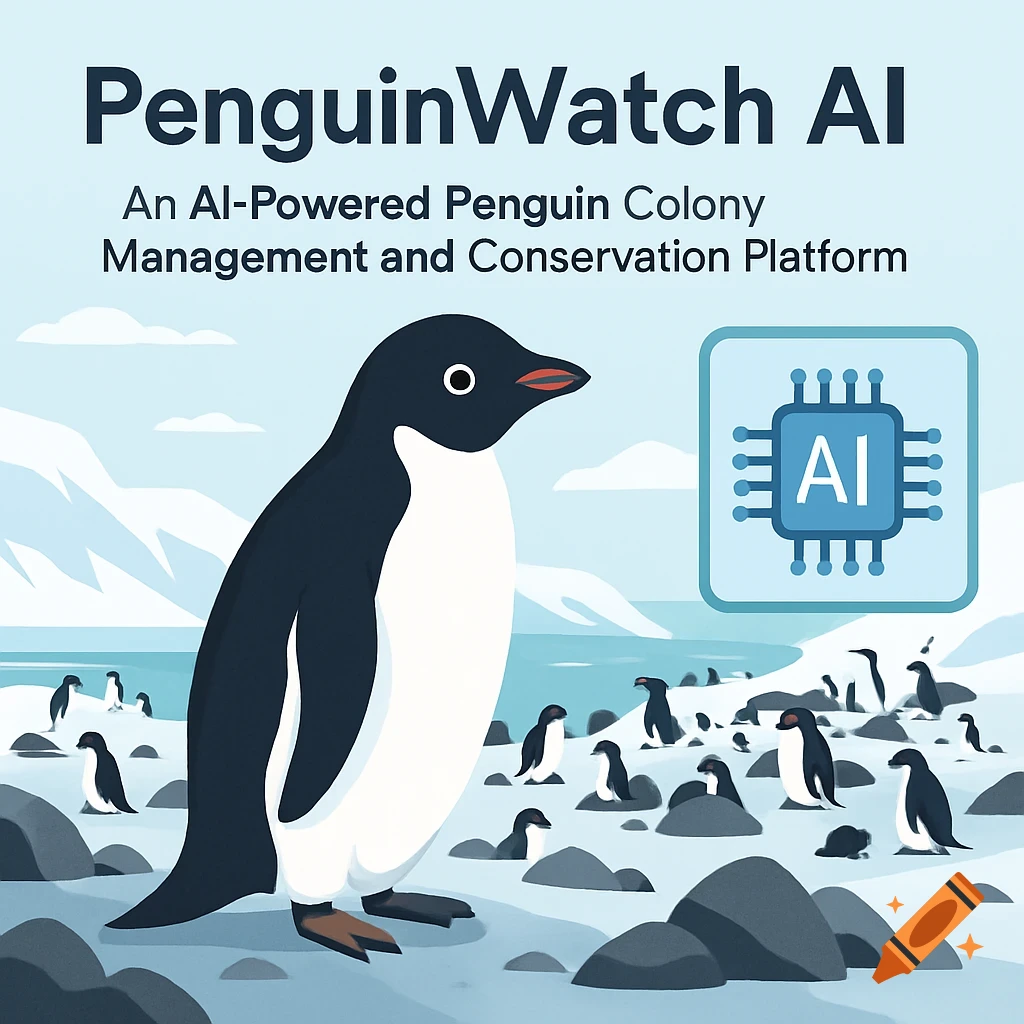 Stylized illustration of penguins with text 'PenguinWatch AI' and an AI chip icon.