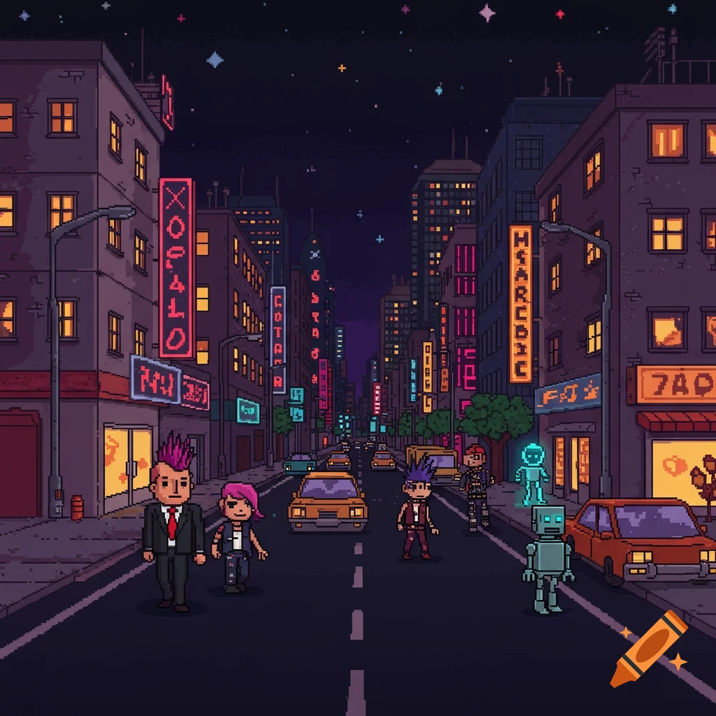 Pixel art cityscape at night with neon signs, cars, people, and robots.
