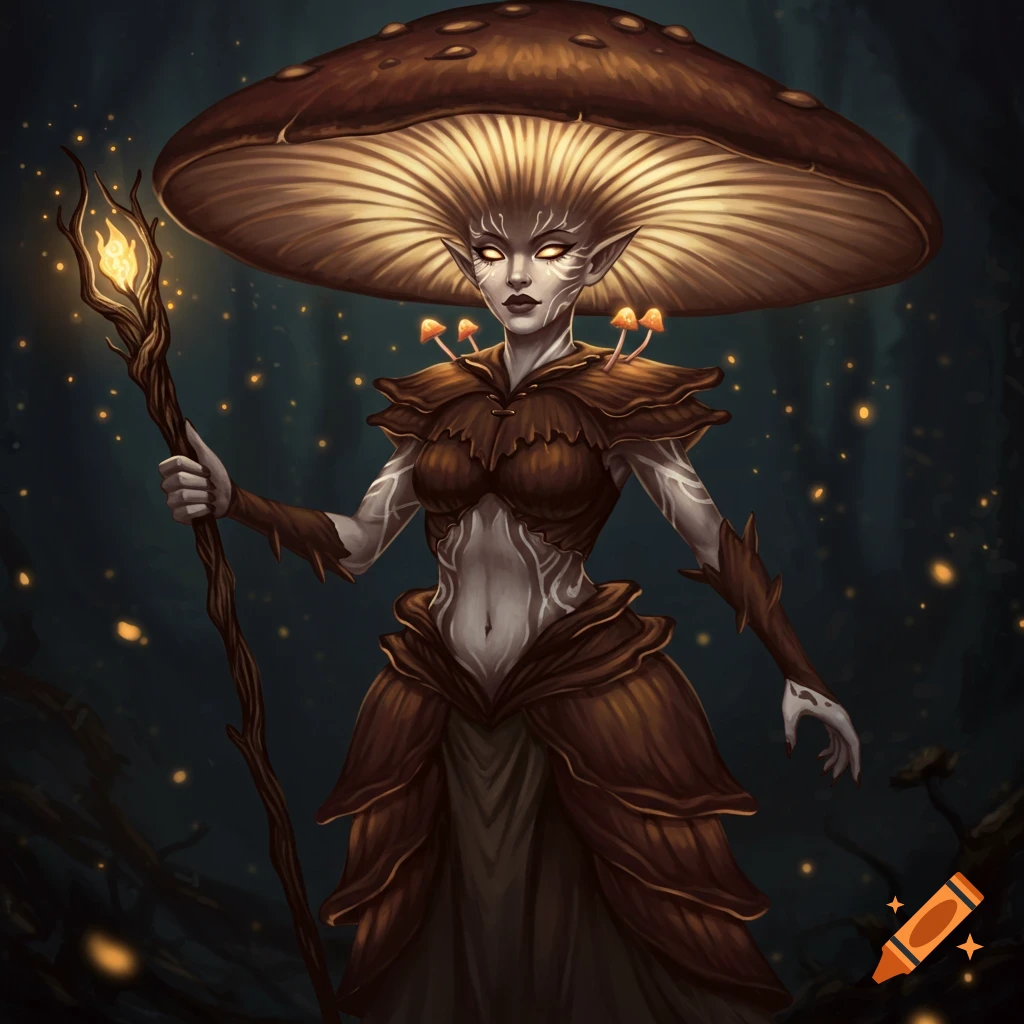 A female mushroom fantasy character is holding a glowing staff.