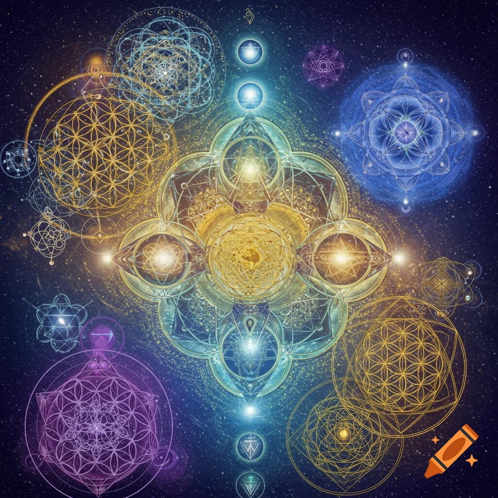 Sacred geometry patterns and symbols glowing in space