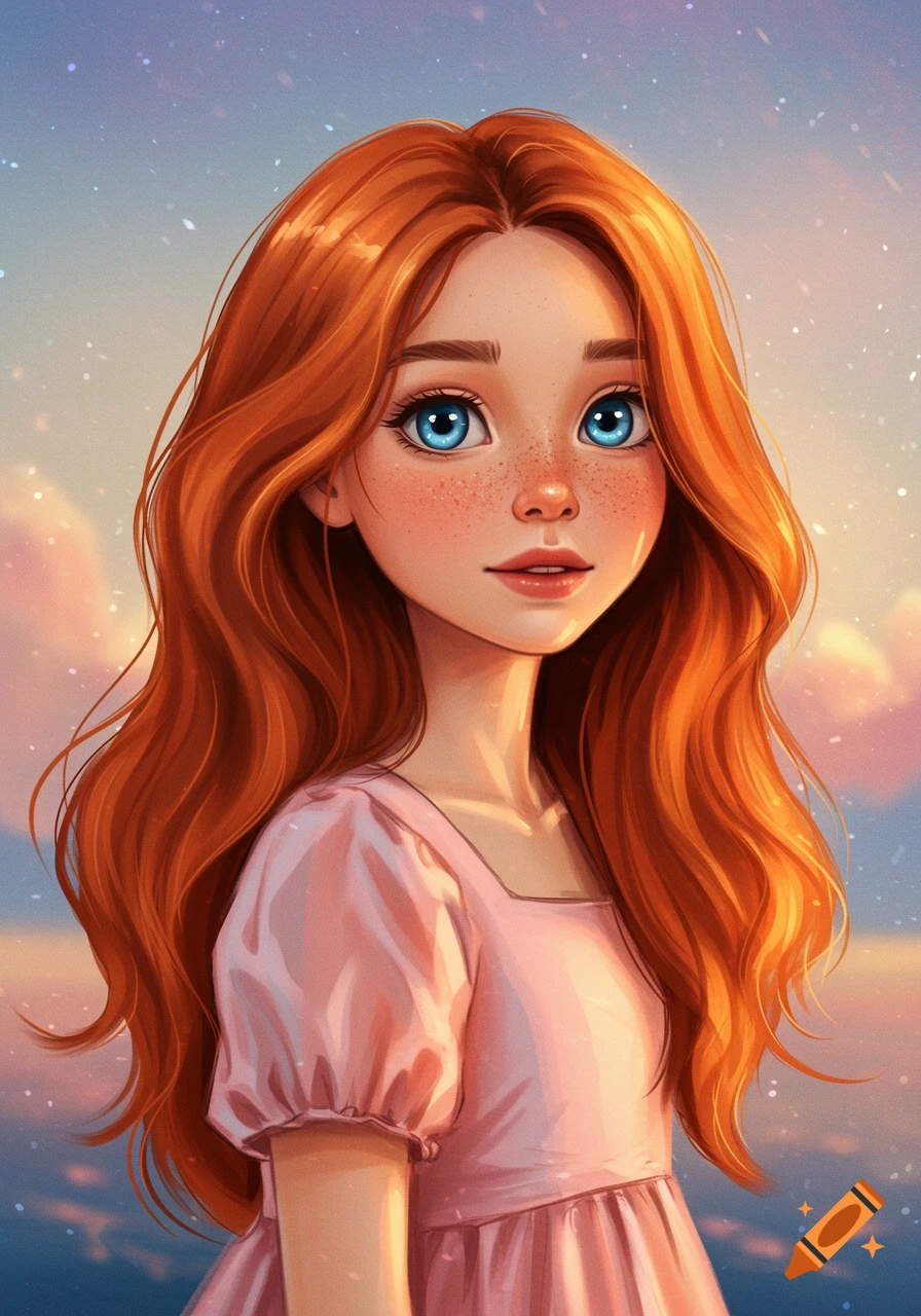 A young girl with long red hair and blue eyes in a pink dress against a dreamy sky.