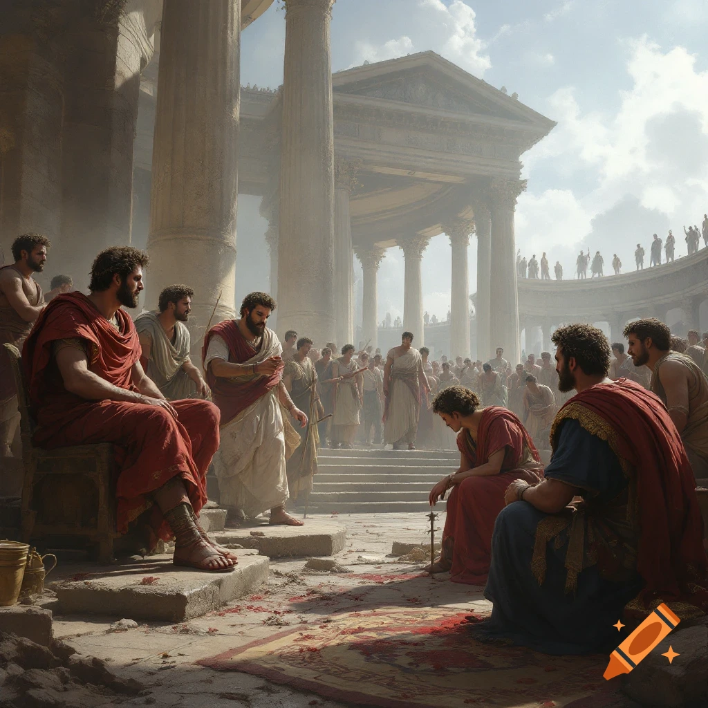 Roman figures in togas in a large temple, with blood on the floor.