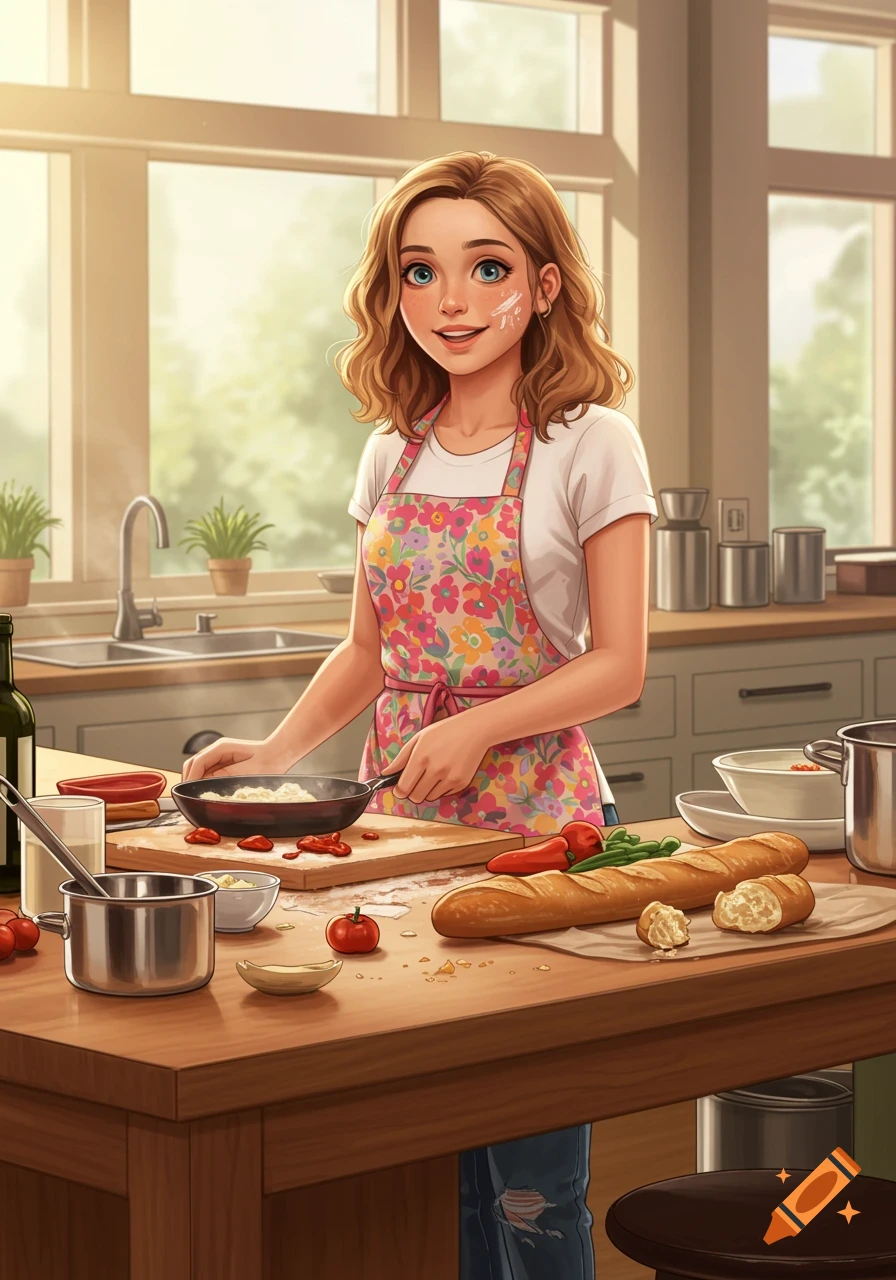A young woman in a floral apron cooking in a bright kitchen.