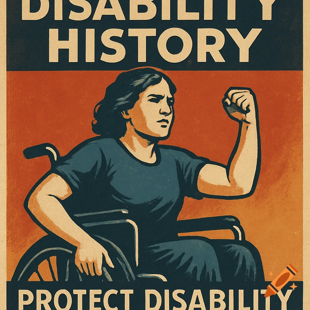 Vintage style poster showing a person in a wheelchair raising a fist, with the text 'DISABILITY HISTORY' and 'PROTECT DISABILITY'.
