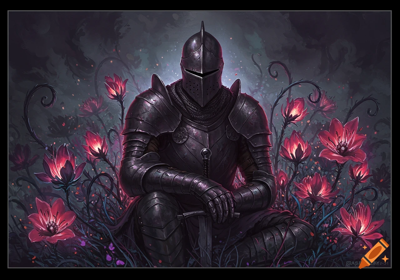 A knight in dark armor kneels among glowing red flowers in a dark fantasy setting.