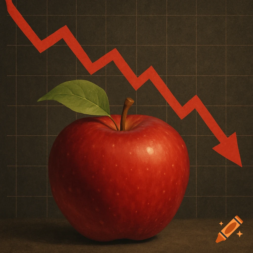 A red apple in front of a chart with a red downward trending arrow.