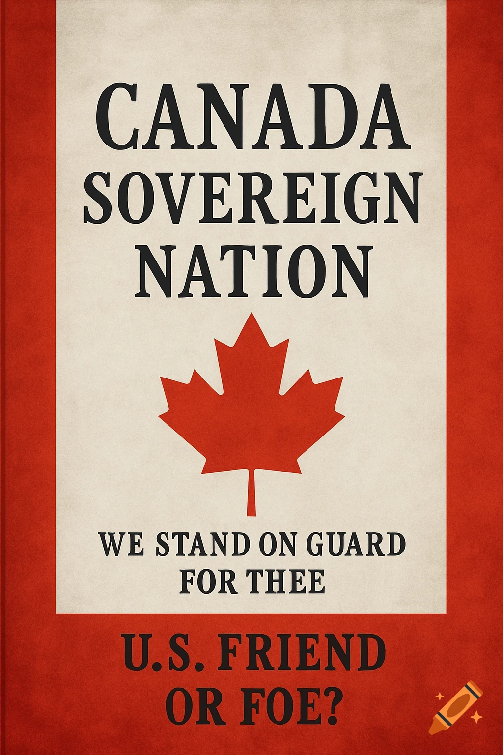 A poster with a Canadian maple leaf and text 'Canada Sovereign Nation', 'We Stand On Guard For Thee', and 'U.S. Friend or Foe?'