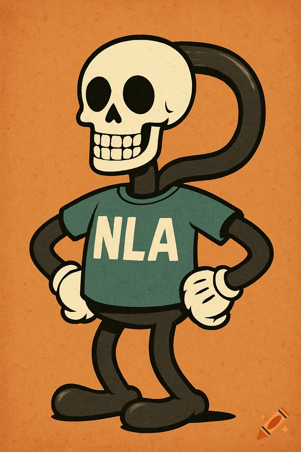 Rubber hose cartoon skeleton wearing a shirt that says NLA