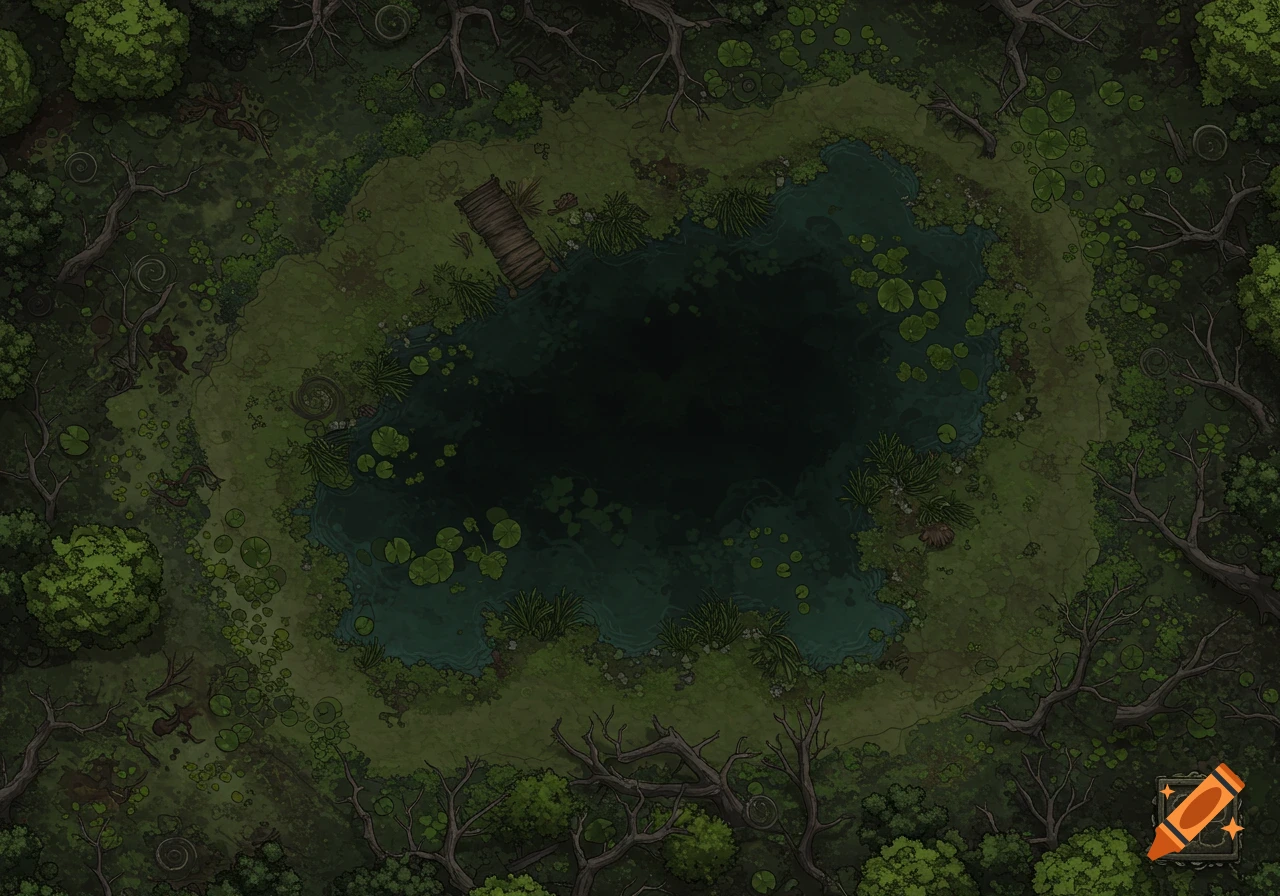 Top-down RPG map of a swamp with a dark pool, lily pads, and a small wooden dock.