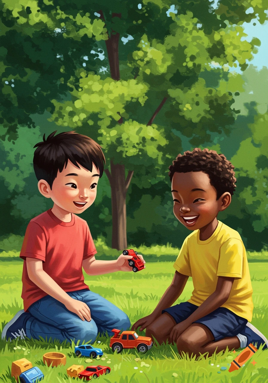 Two young boys playing with toy cars in a sunny park, illustration style.