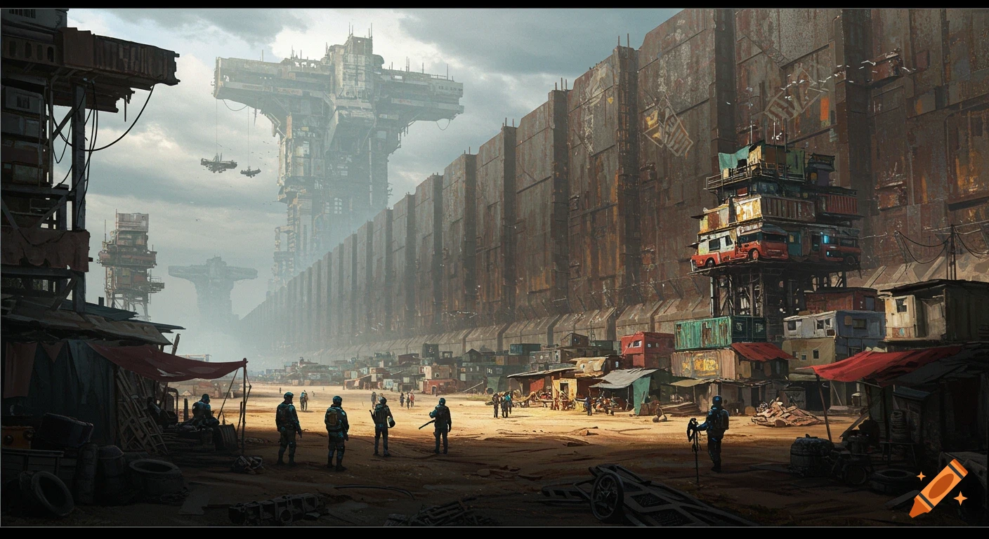 A large post-apocalyptic settlement beside a colossal wall under a cloudy sky, with figures in the foreground.