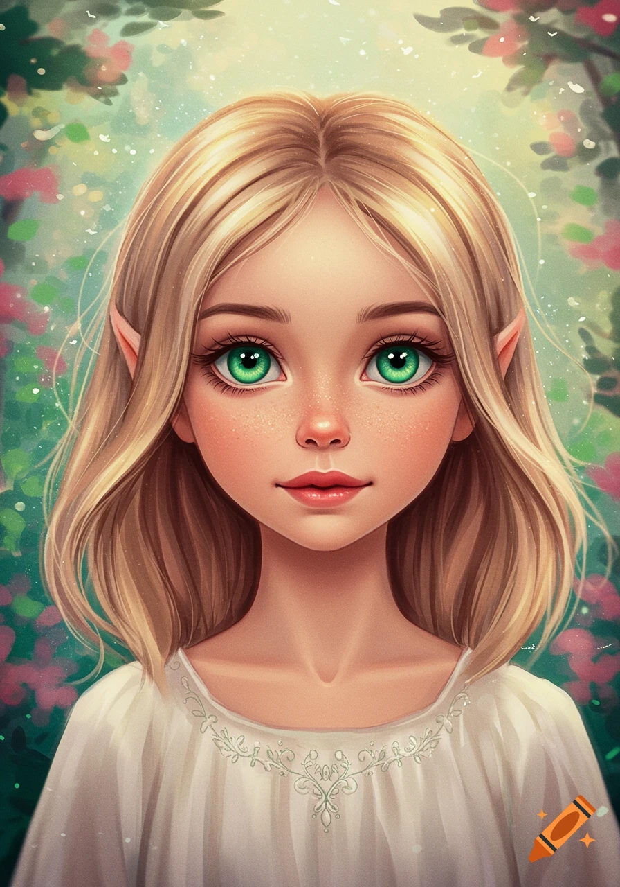 A young girl with blonde hair and green eyes, with elven ears, in a white dress, in a forest.