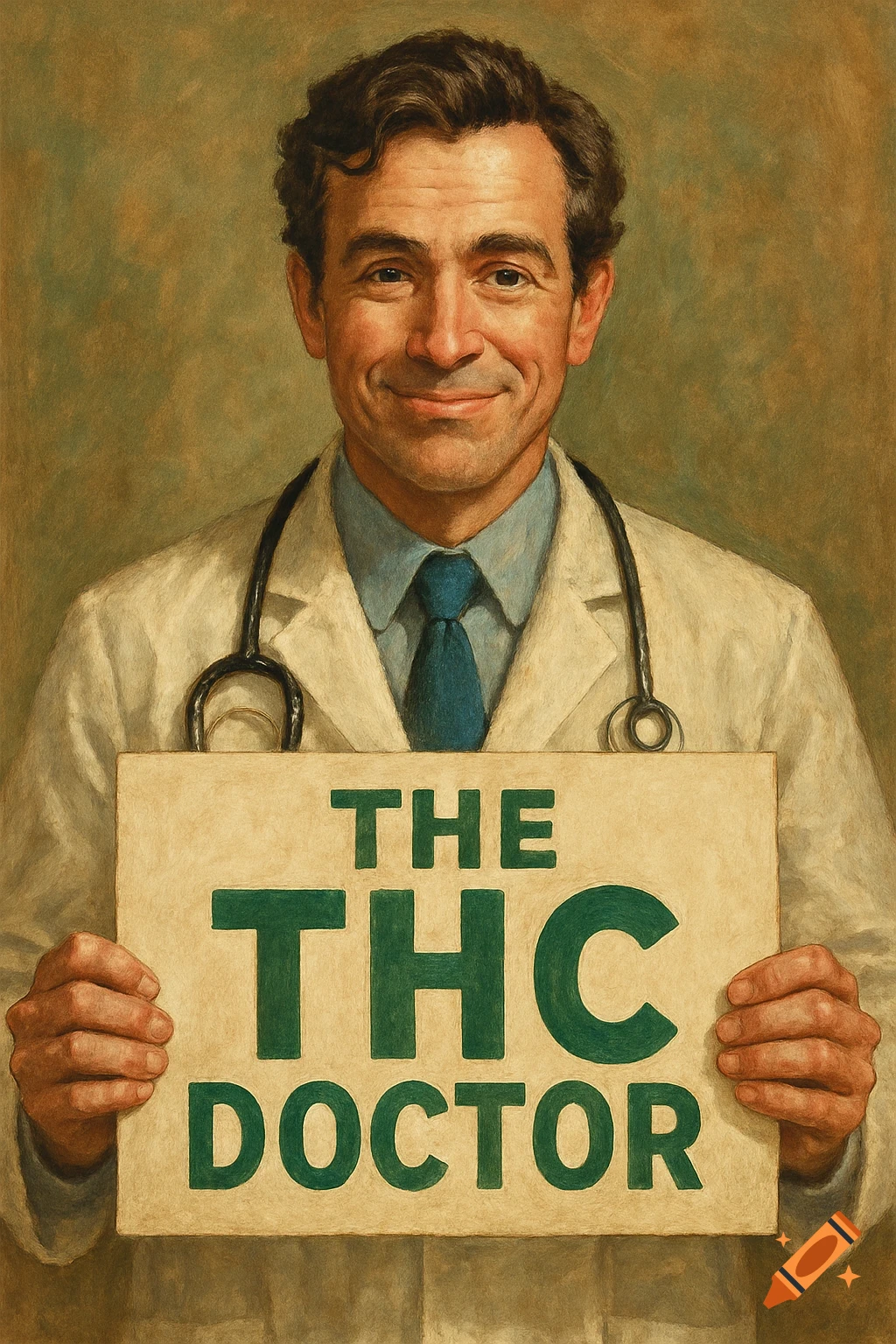 A portrait of a smiling man in a doctor's coat holding a sign that says "The THC Doctor". The image has a painterly style.