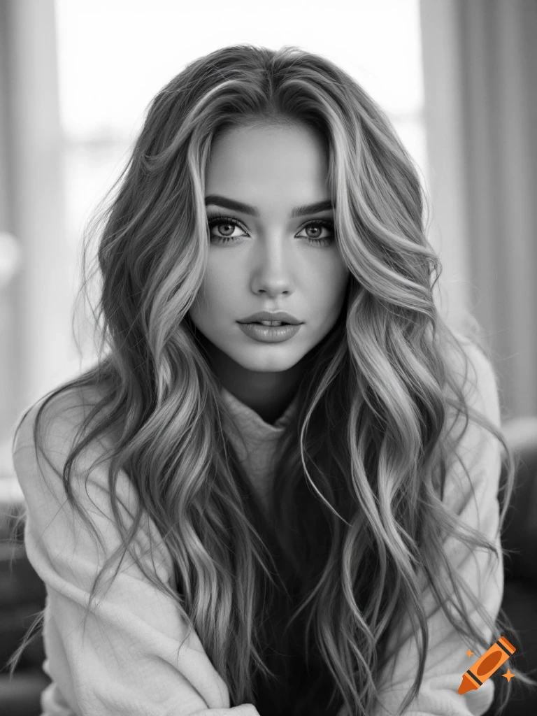 Black and white close-up portrait of a woman with wavy hair