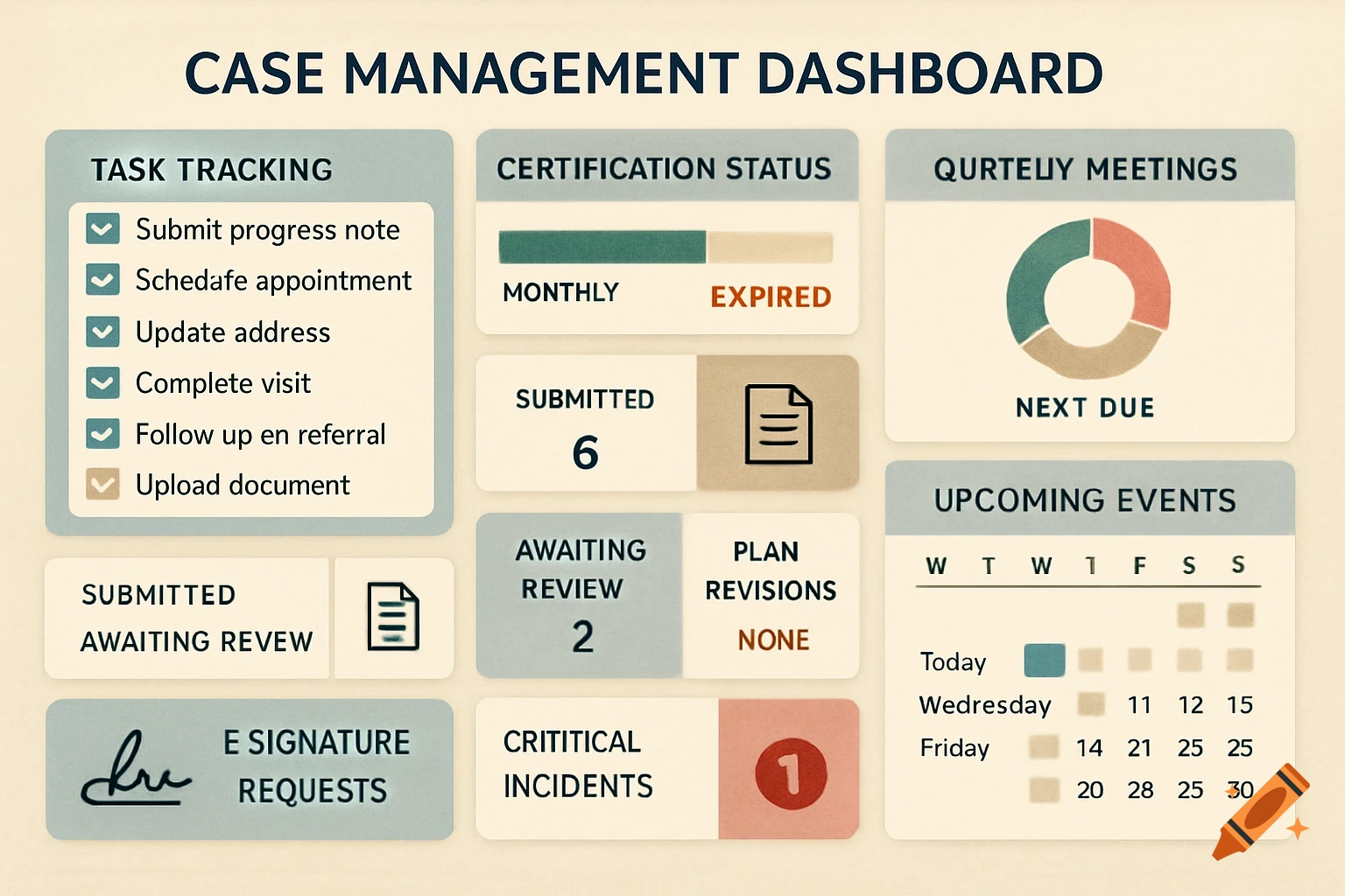 A case management dashboard showing tasks, status, meetings, and events.