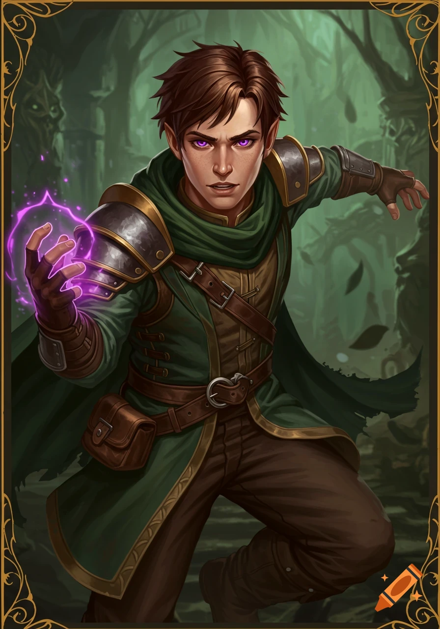 Image of a male fantasy character casting a purple spell in a forest.