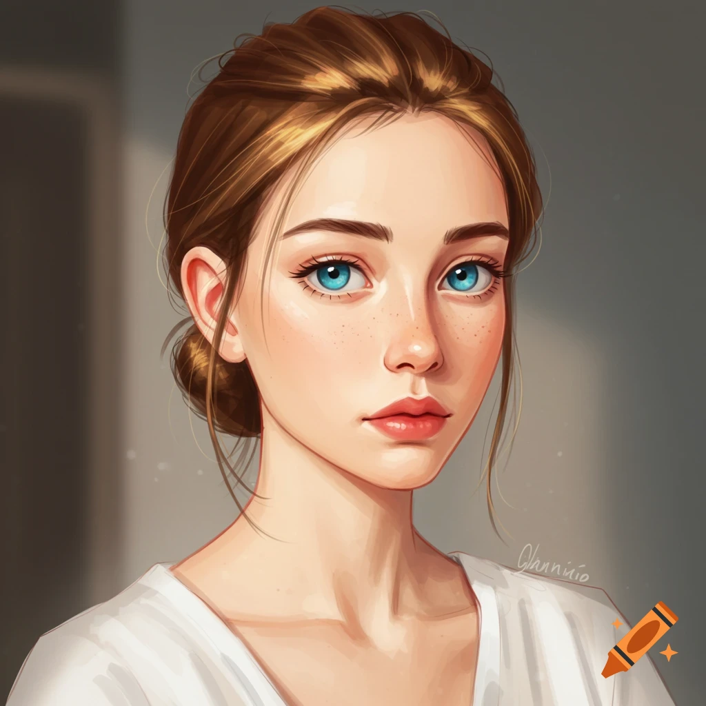 Portrait of a young woman with blue eyes and freckles.