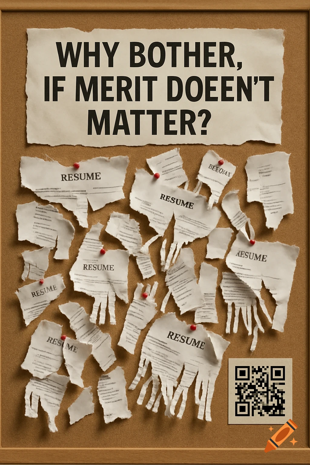 Ripped resumes pinned to a bulletin board with the title 'Why Bother, If Merit Doeén't Matter?' and a QR code.