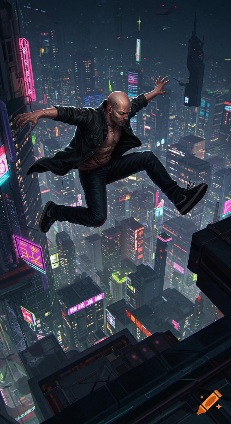 Bald man leaps from rooftop over futuristic cyberpunk city at night, digital art