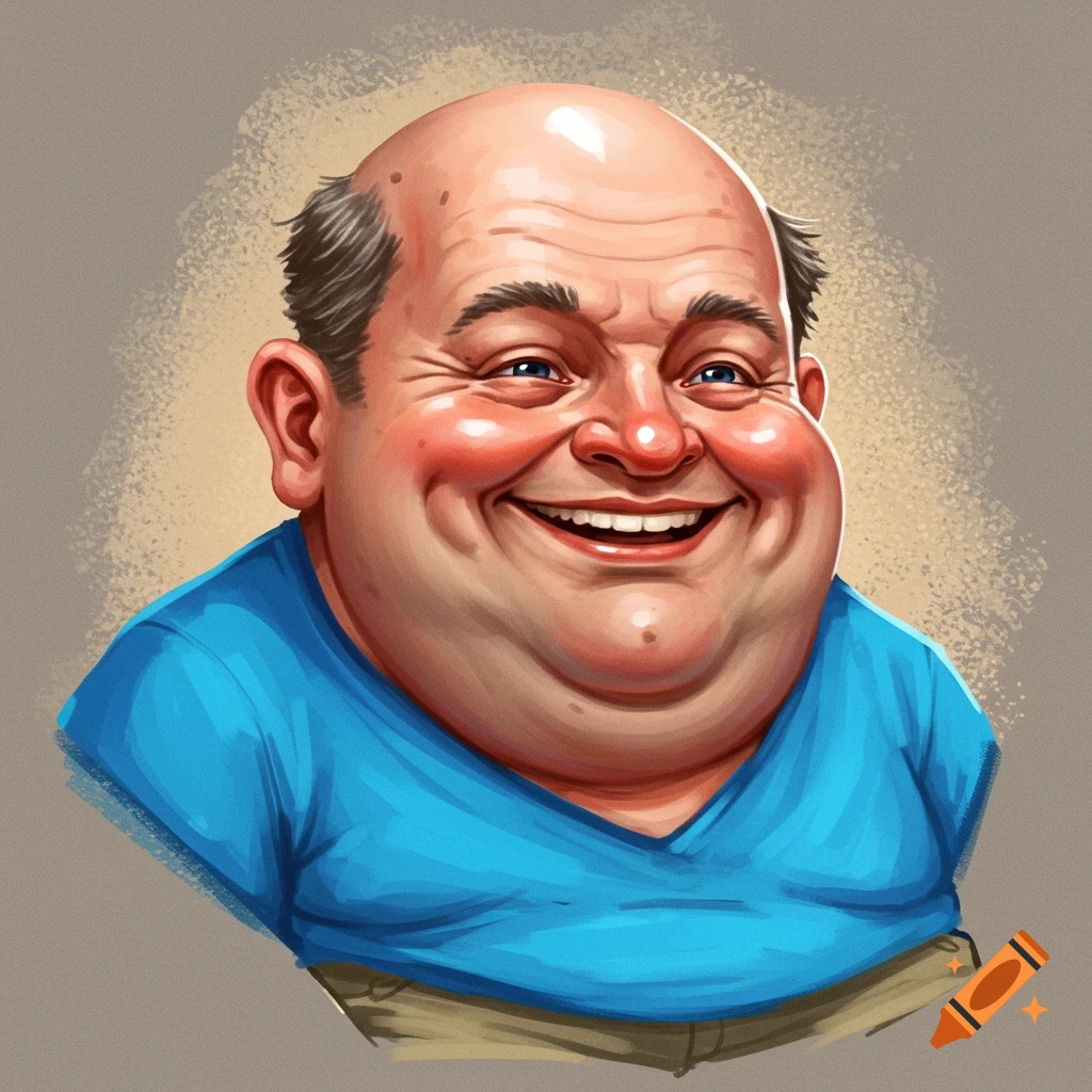 Caricature of a bald man in a blue shirt smiling broadly