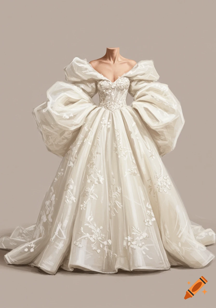 A headless torso is wearing a very puffy white wedding dress.