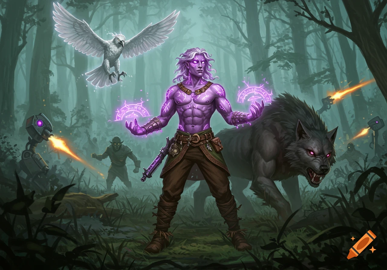 A fantasy scene featuring a muscular figure casting magic in a forest combat scene with a white bird, a wolf, goblins, and robots.