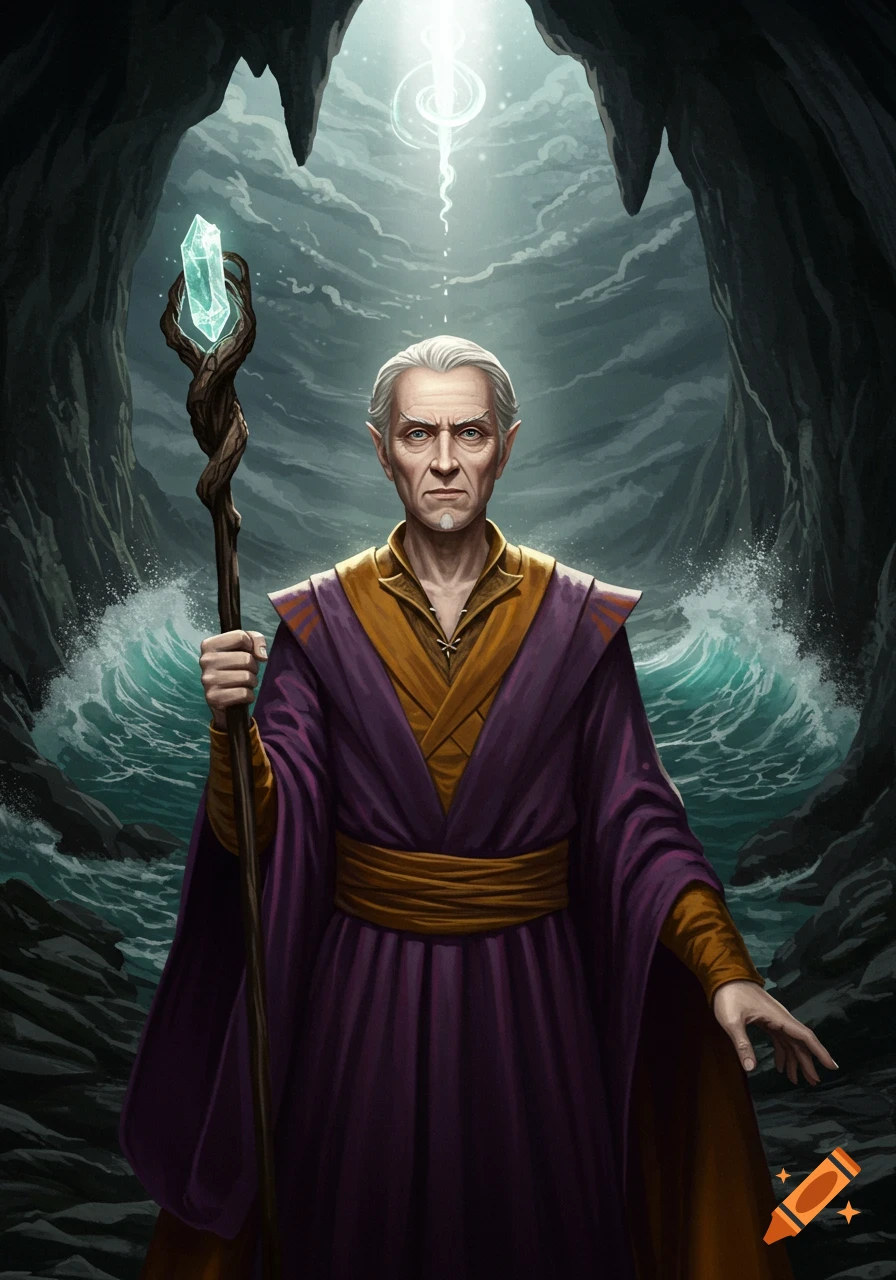 A wizard holding a staff with a crystal in a cave by the ocean.