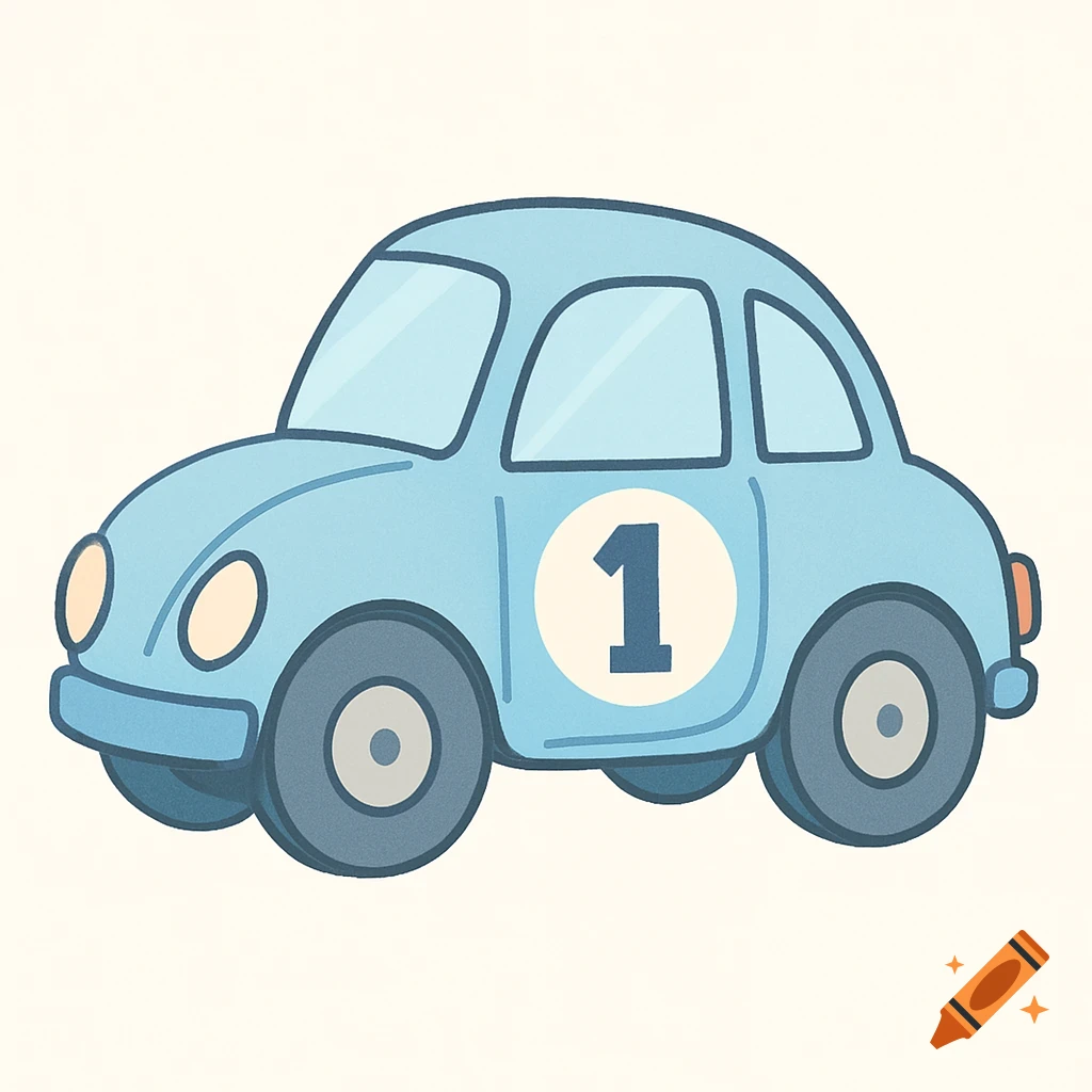 A pastel blue cartoon race car with the number 1 on its side.