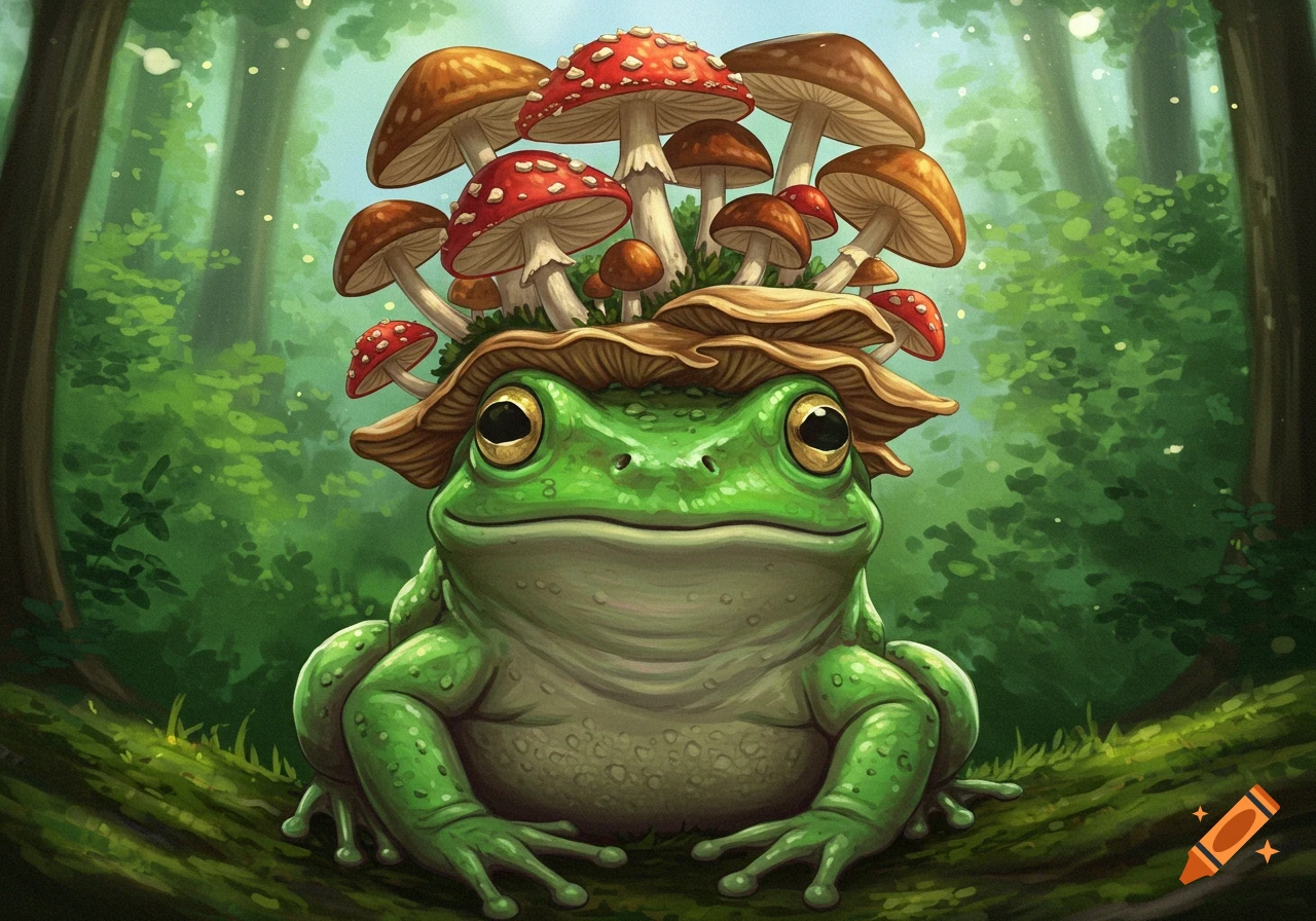 A frog with mushrooms on its head sits on a log in a forest.